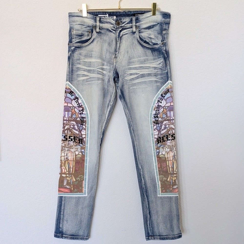 Copper Rivet Mens Slim Straight Stained Glass Patchwork Light Wash Jeans Size 32